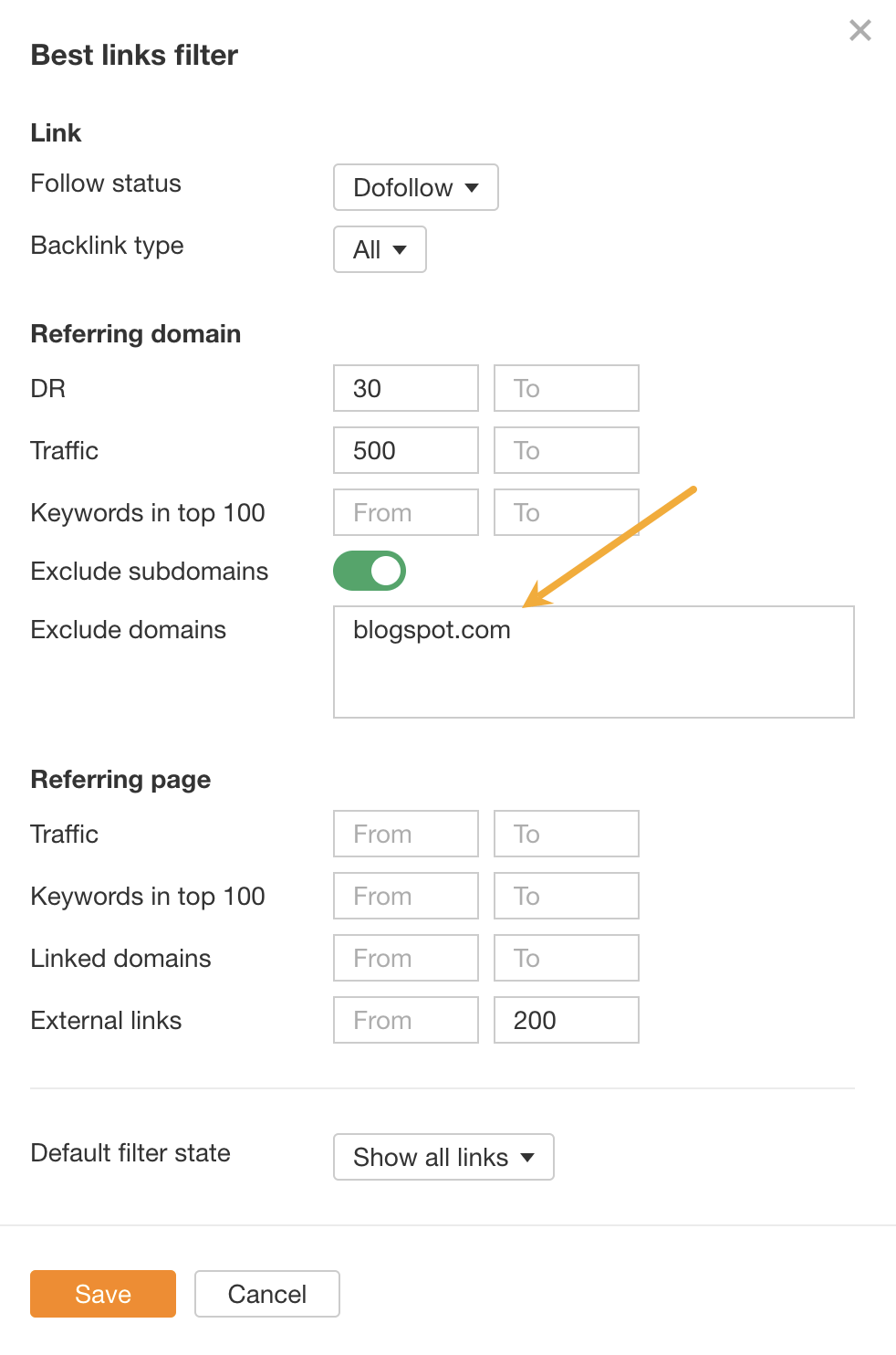 Ahrefs' Best links filter