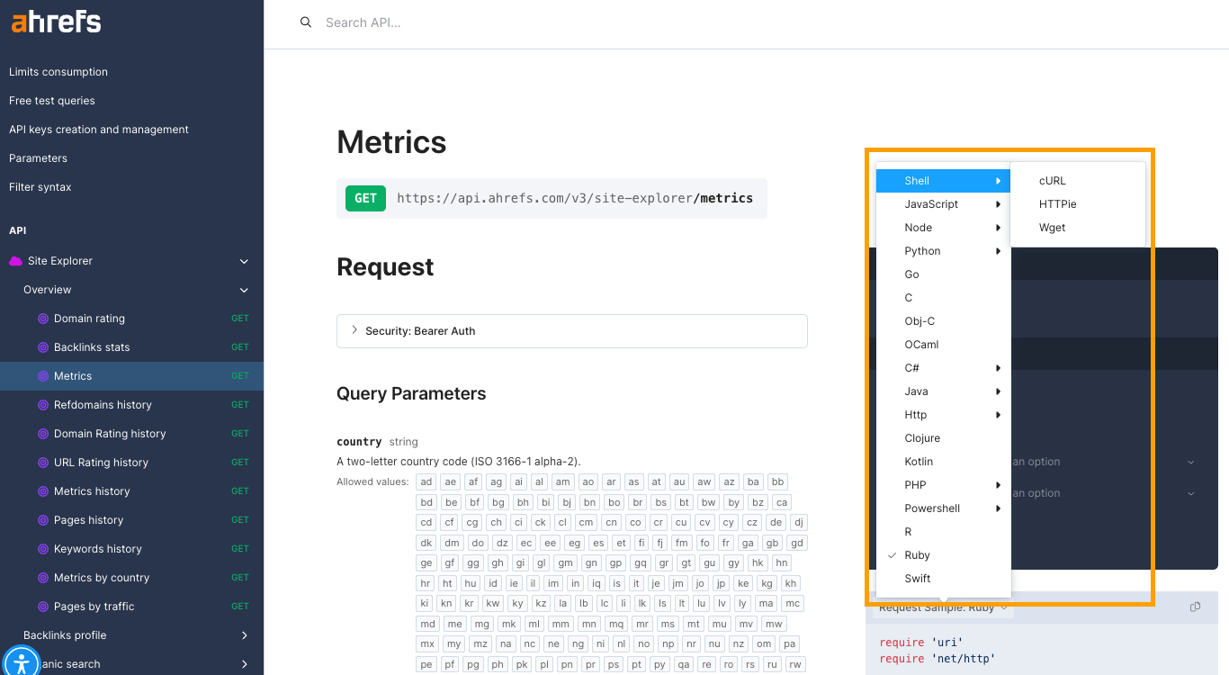 All the languages Ahrefs' SEO API delivers requests in.