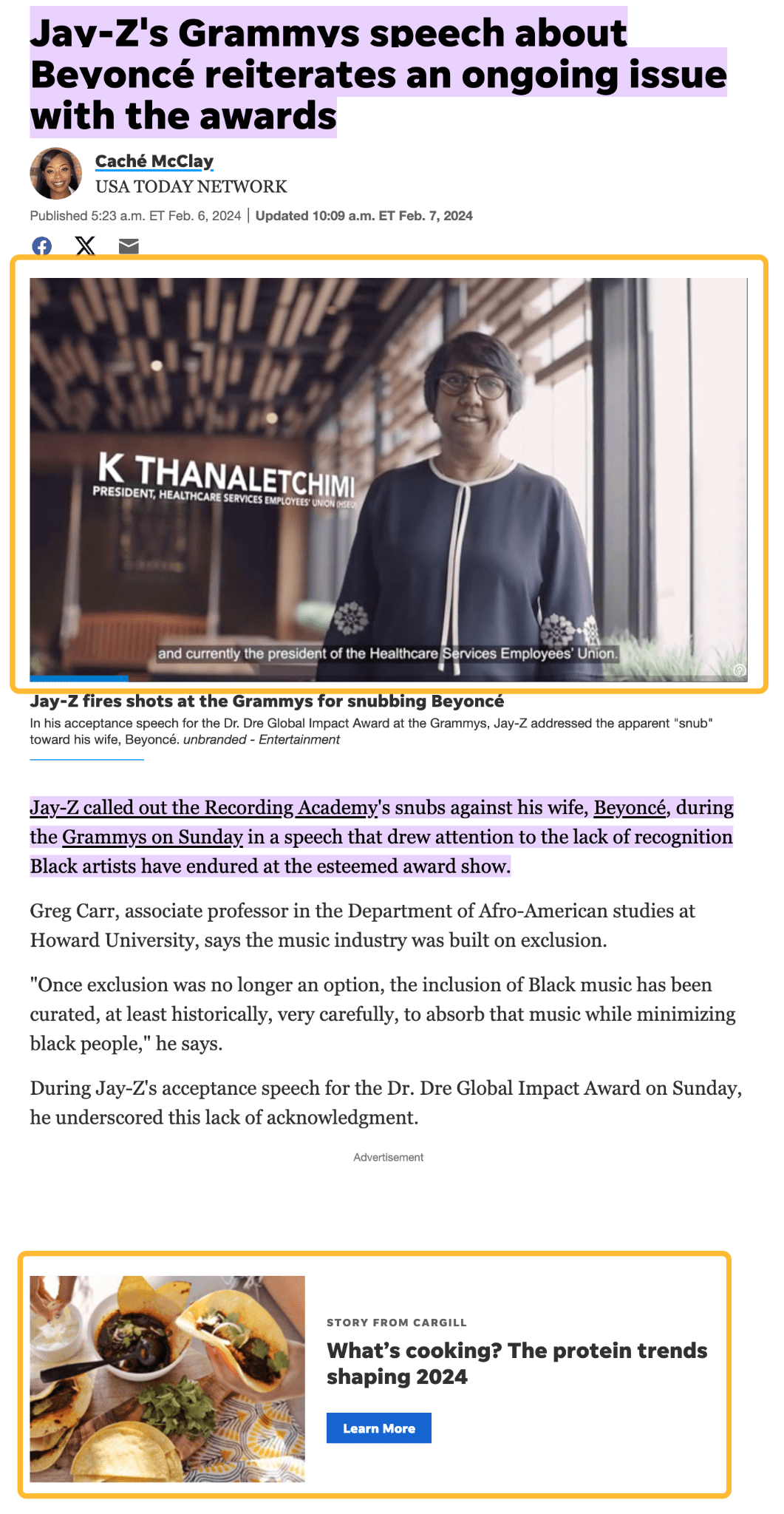 Article about Jay Z's Grammy's speech, filled with ads