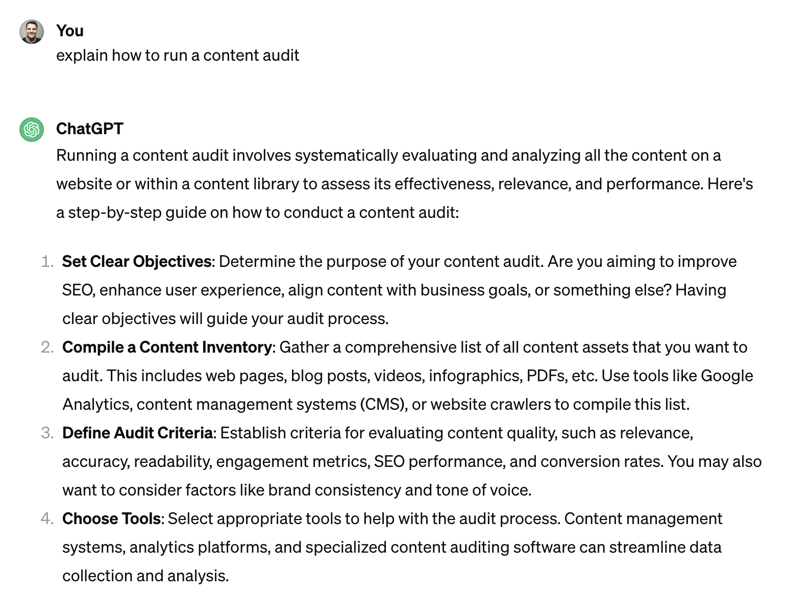 ChatGPT explaining how to run a content audit. The result leaves a lot to be desired.