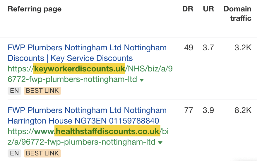 Example of easy-to-replicate backlinks to a plumber's website