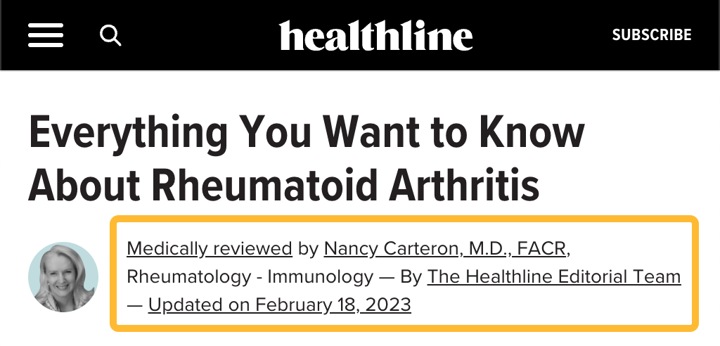 Healthline flashes author's credentials right in the intro