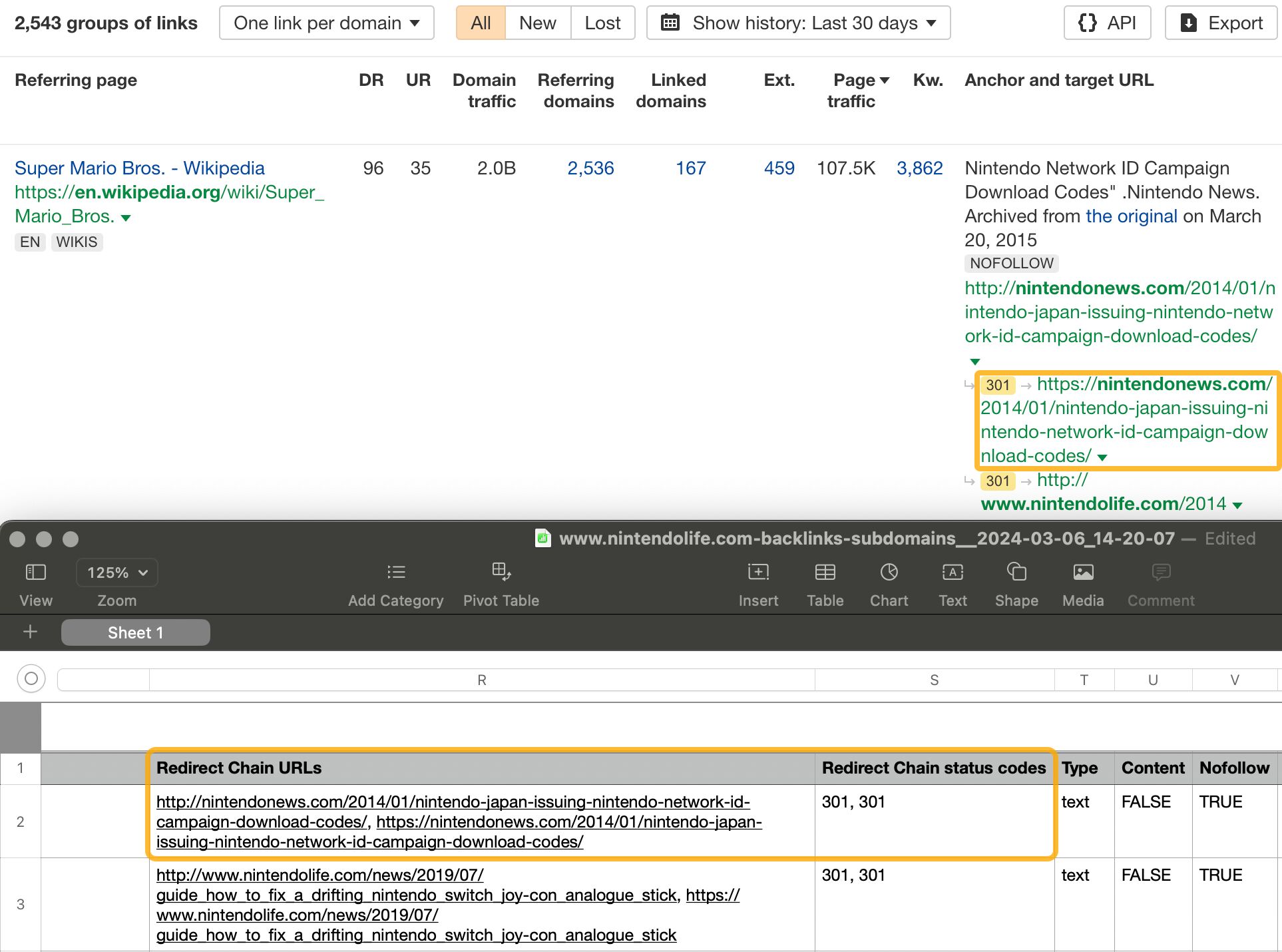 Redirect chains in export files