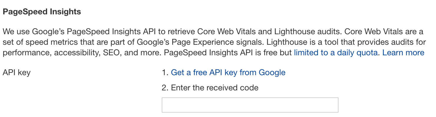 Inserting CWV API key in Ahrefs.