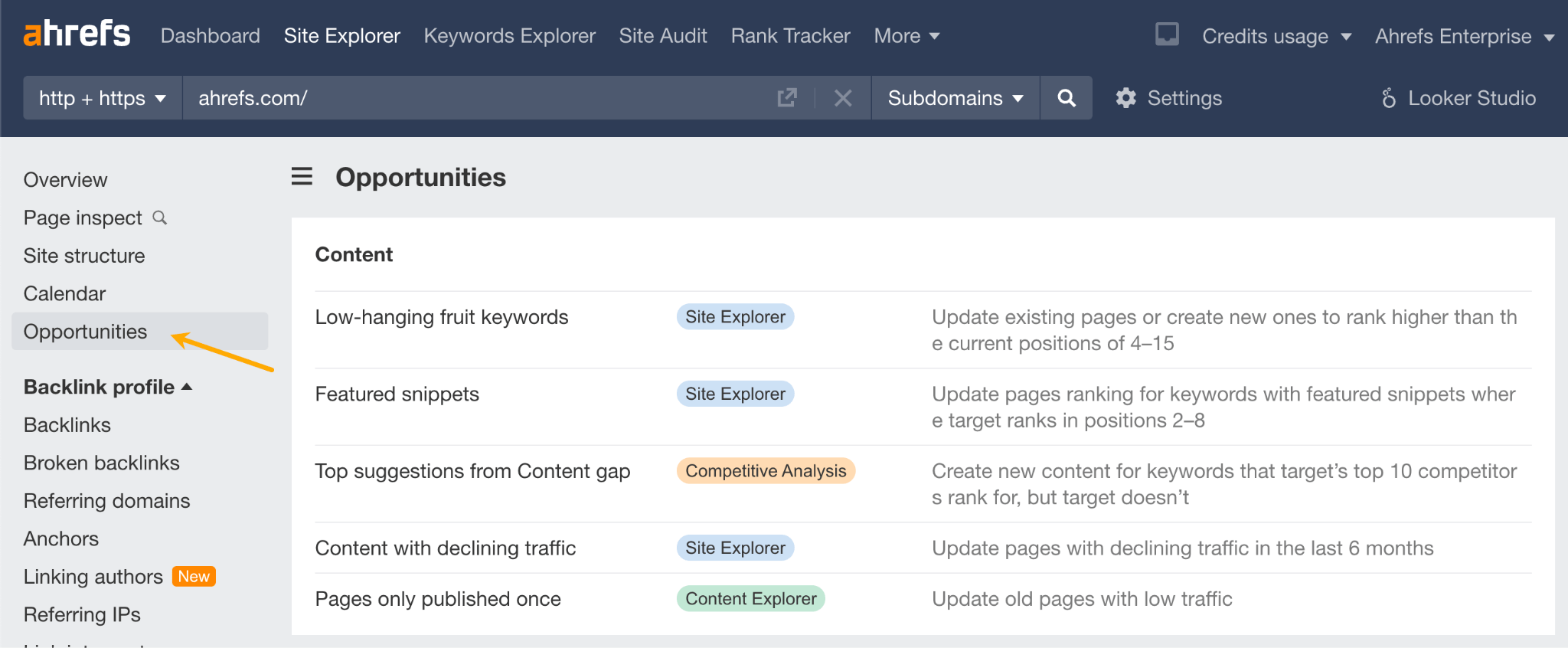 Opportunities report in Ahrefs. 