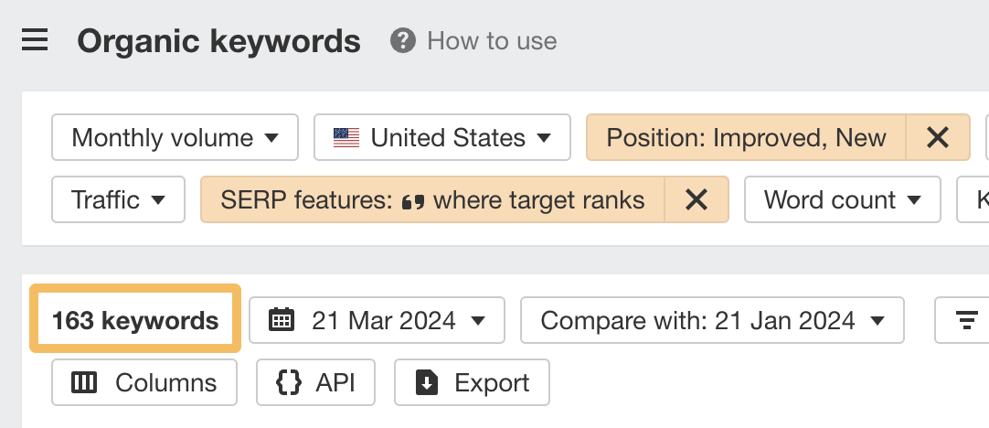 Results of optimizing - 163 more featured snippets