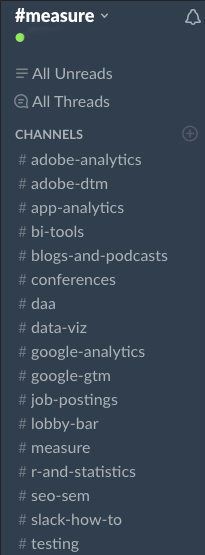 Some of the current channels available in Measure Chat's Slack community.
