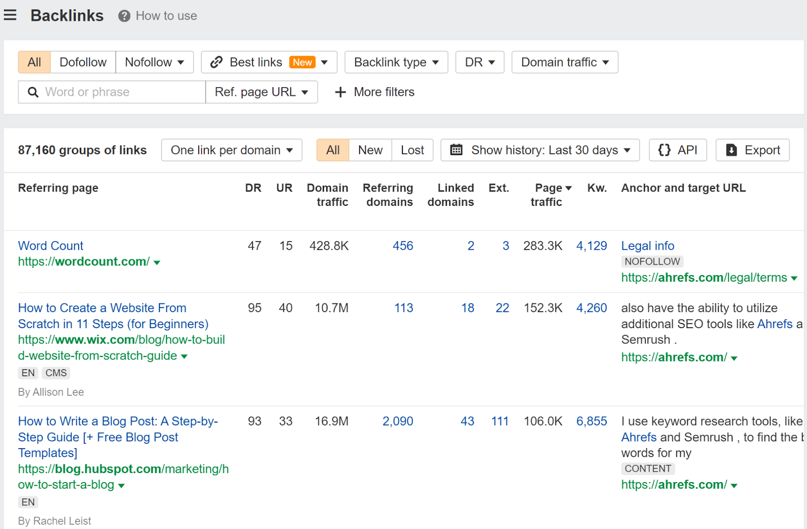 Use the Backlinks report to check for good and bad links