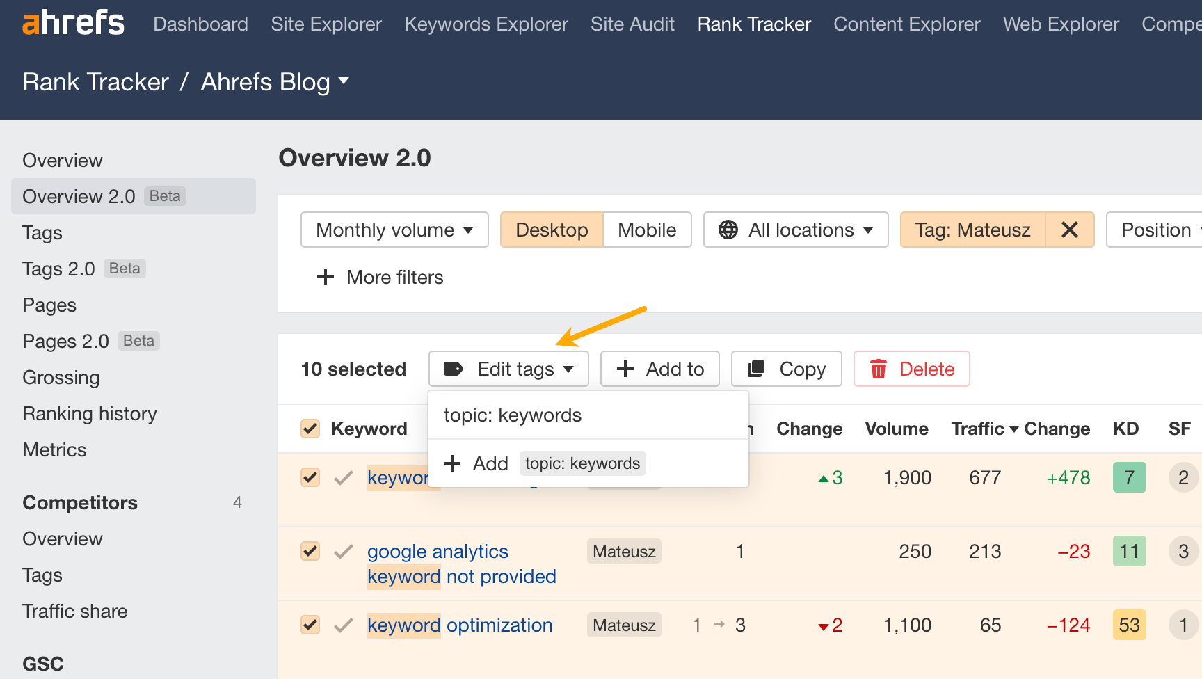 Adding tags in Ahrefs Rank Tracker. 