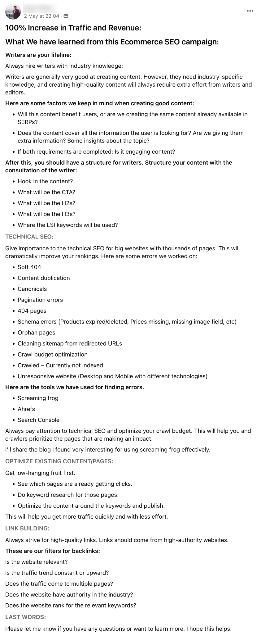 Example of a piece of content posted natively in a Facebook group