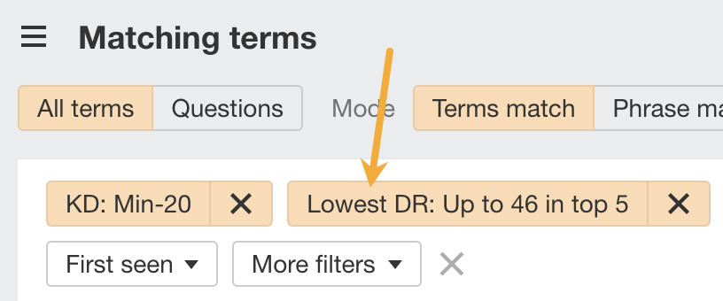 Filtering for keywords with low authority sites ranking in the top 5