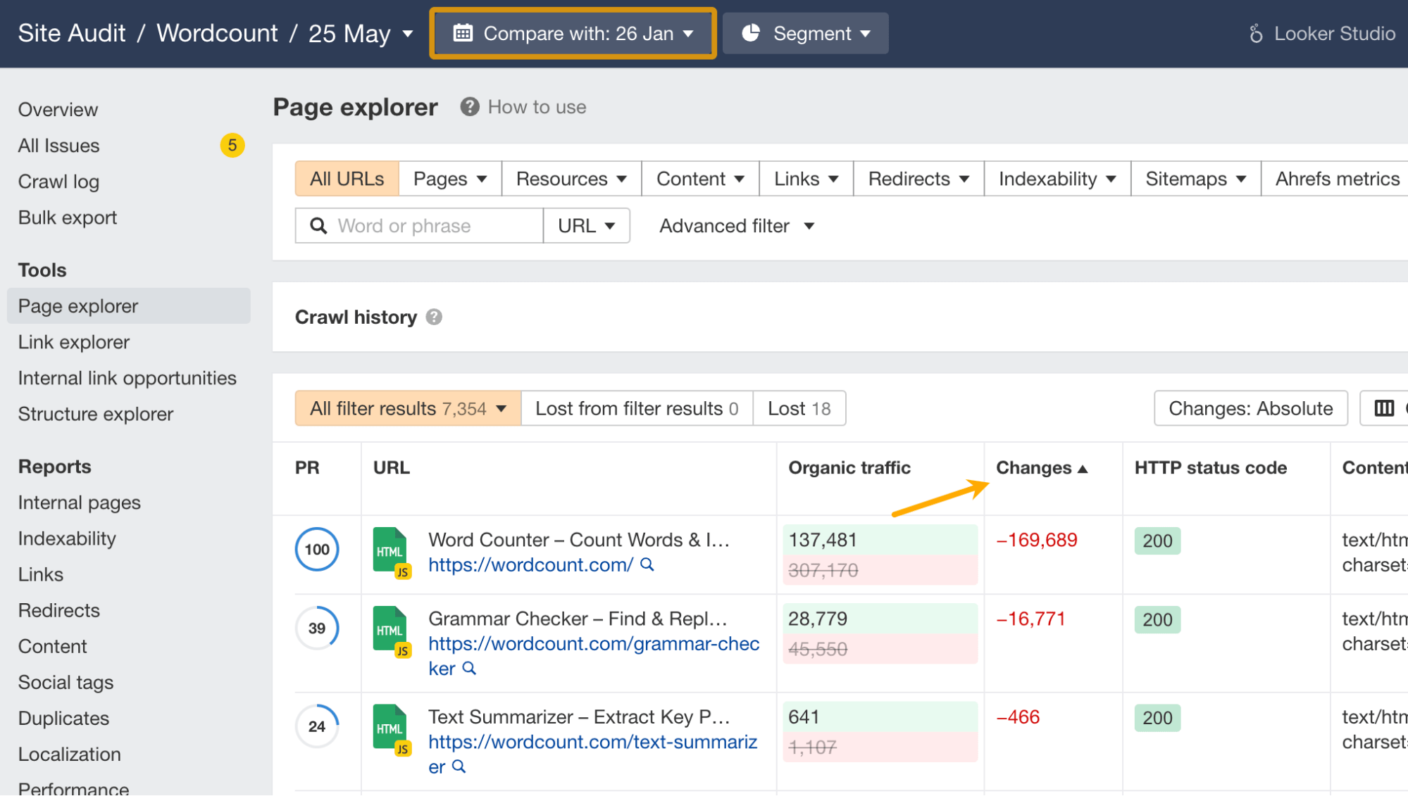 Compare any two Site Audit crawls