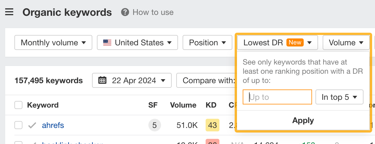 Lowest DR filter in Organic keywords