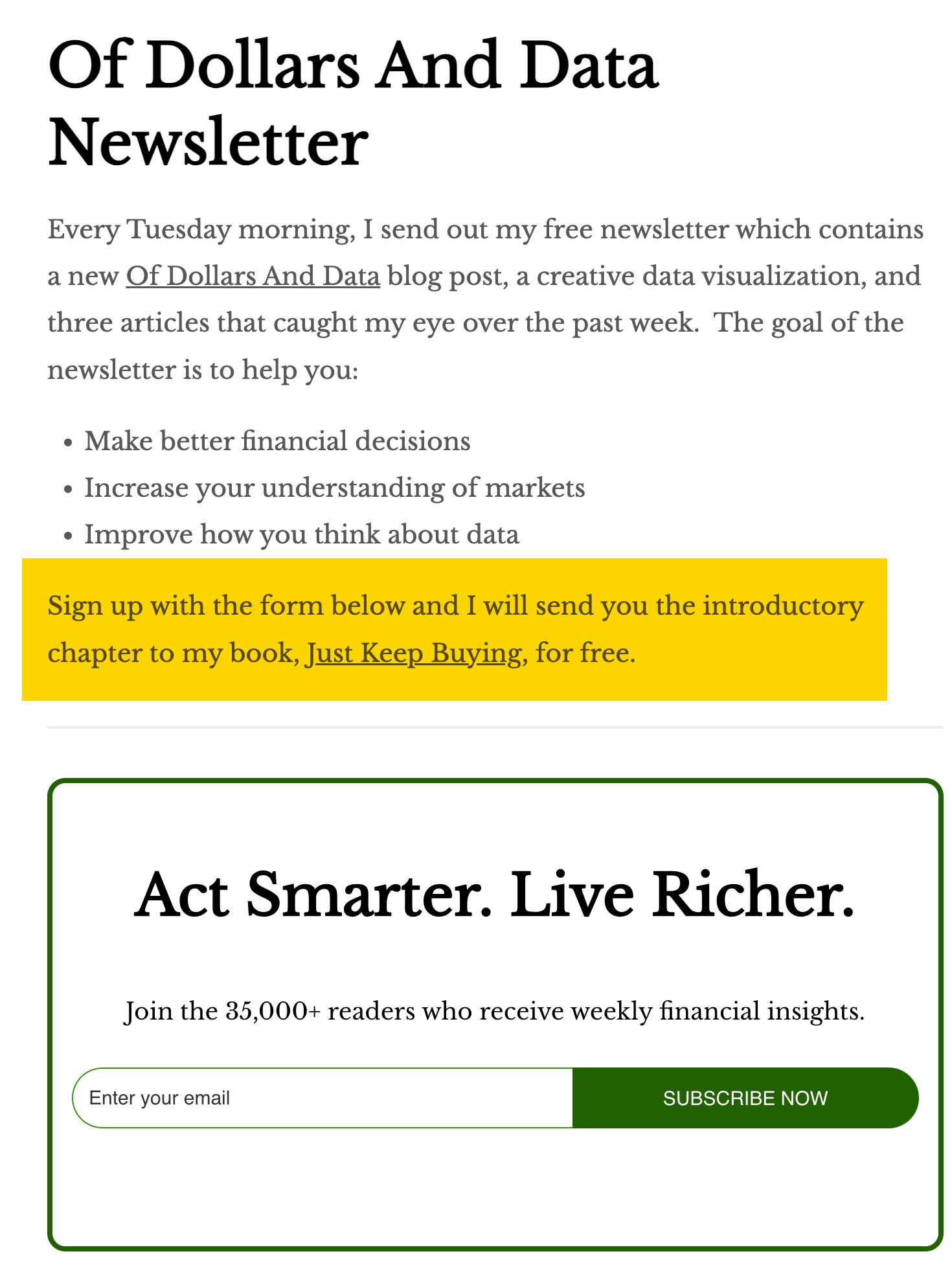 Nick Maggiulli gives away the first chapter of his book as a lead magnet