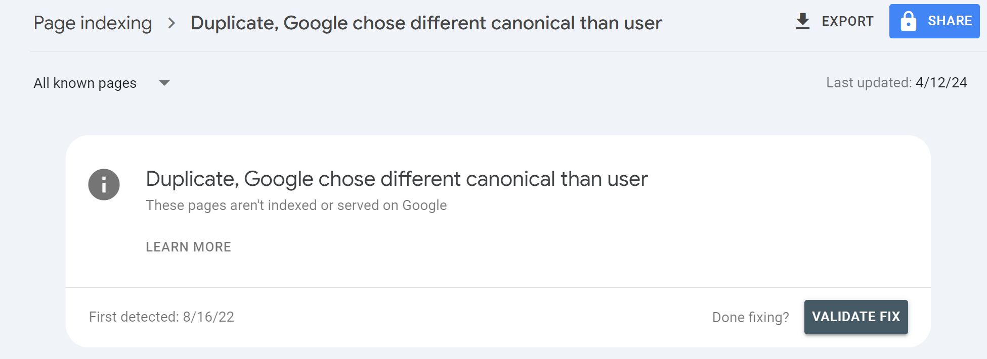 Duplicate, Google chose a different canonical than user error in the GSC Page indexing report