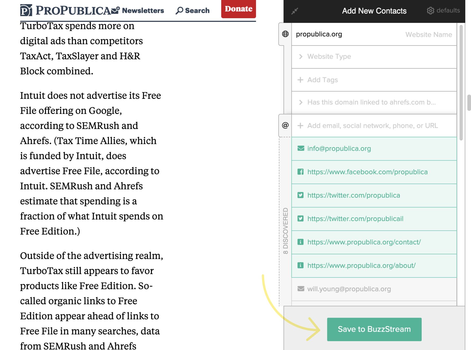 Buzzstream's list of identified contacts taken from ProPublica page
