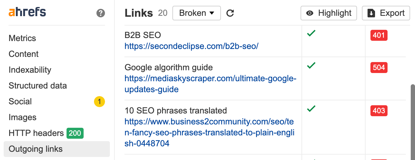 Finding dead links in Ahrefs SEO toolbar