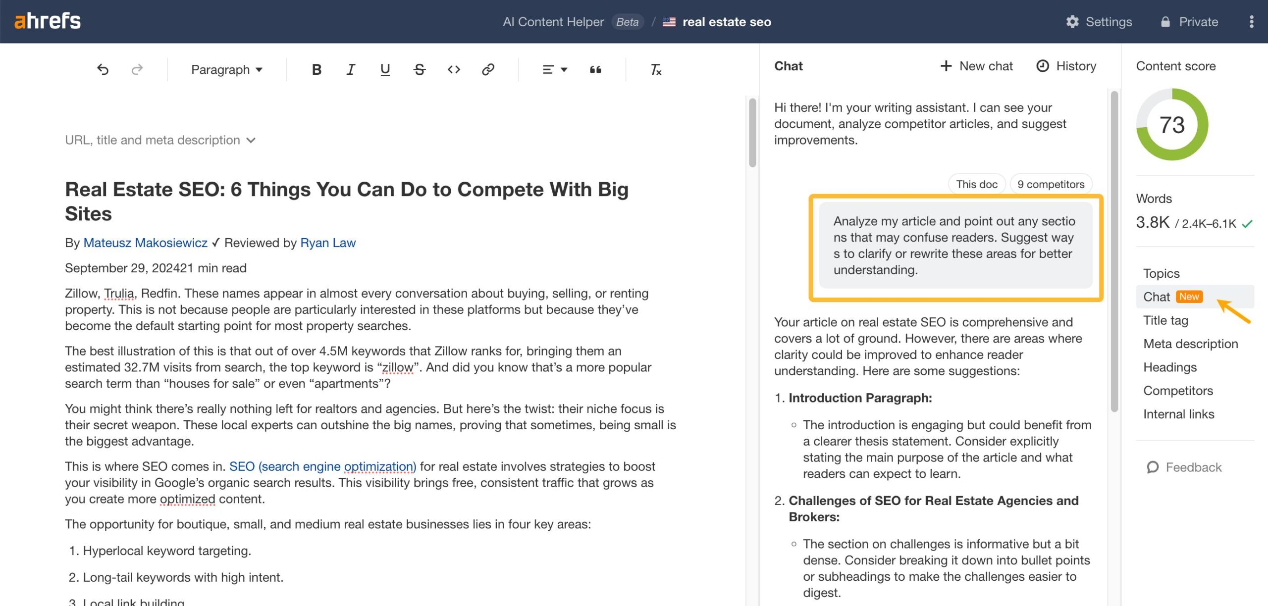 Chat function in Ahrefs AI Content Helper