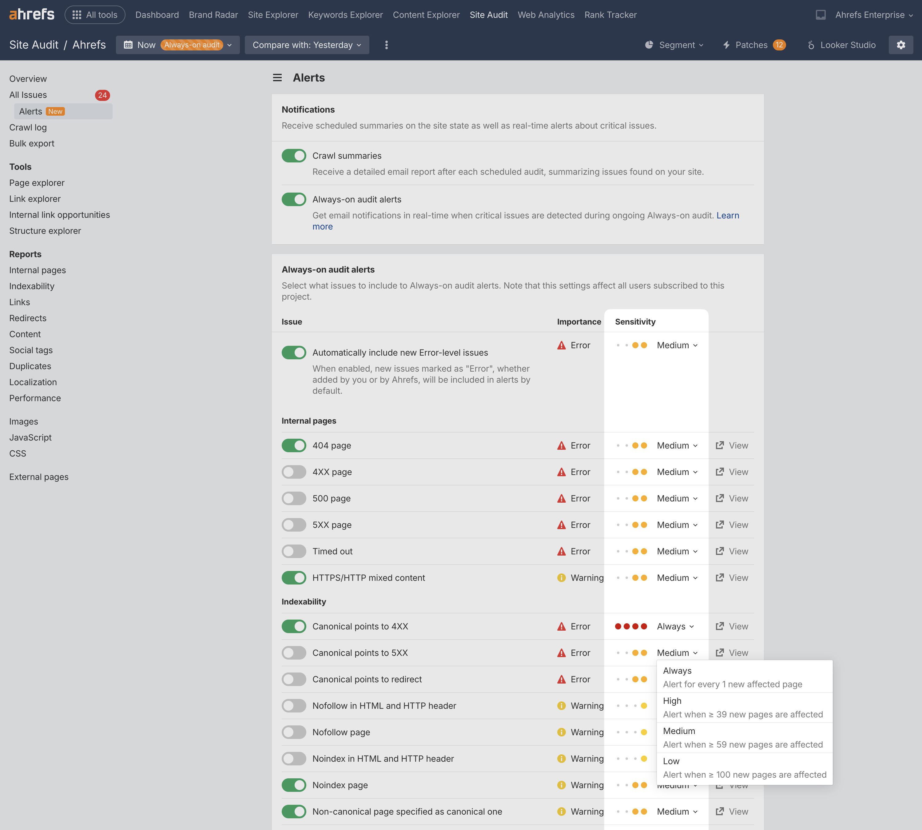 Ahrefs Always-on audits settings