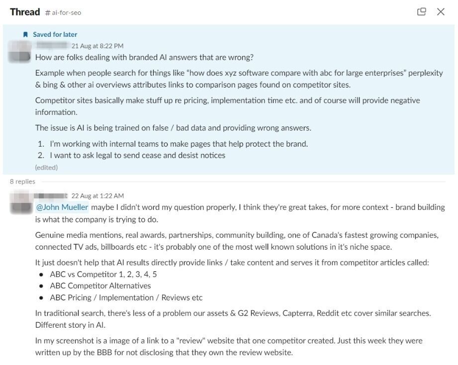 A Slack thread discussing issues with AI-generated brand comparisons that pull biased competitor information, potentially harming brand reputation. The user is creating protective content and considering legal action, noting that AI results often differ from traditional search by highlighting competitor-driven articles.