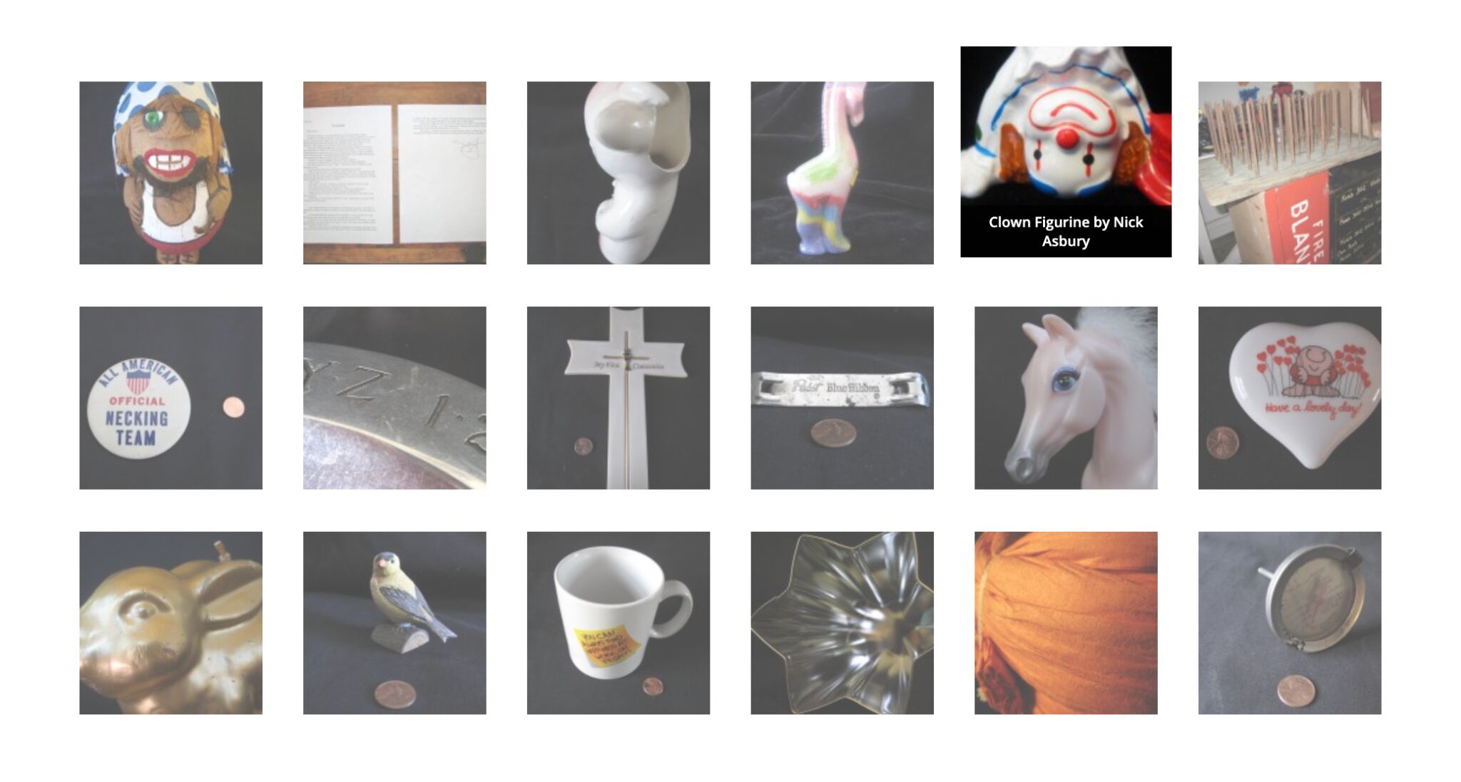 A screenshot of the 'significant objects' that sold for 6400x their value once a story was assigned to each one. Examples include a porcelain clown and horse, a cross, and a white mug with a post it note design.