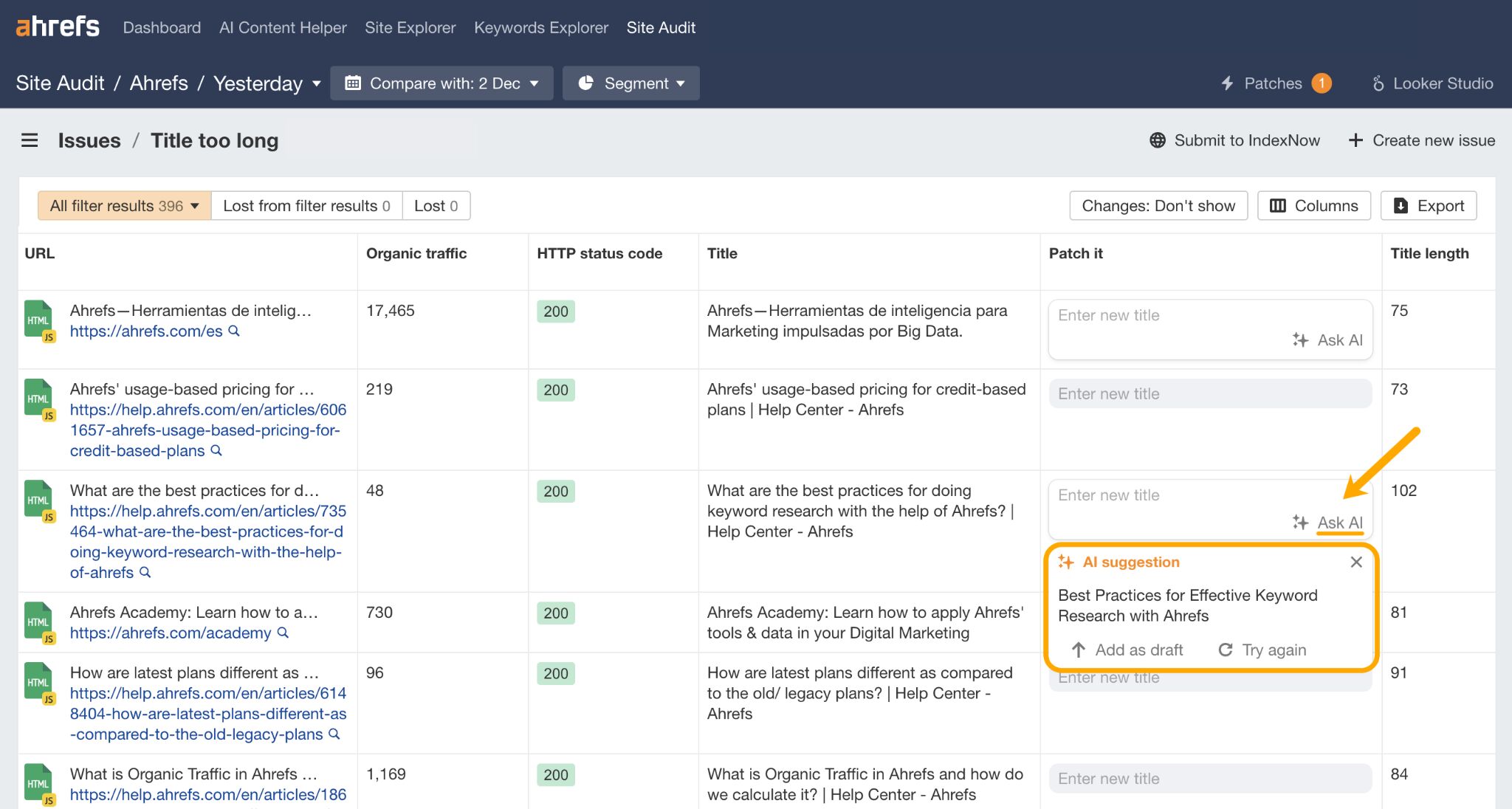 A screenshot of content creation ai tool 'AI suggestion' in Patches, highlighting an AI suggestion for a new title of a blog post in the 'Issues>Title too long' report in Ahrefs Site Audit.