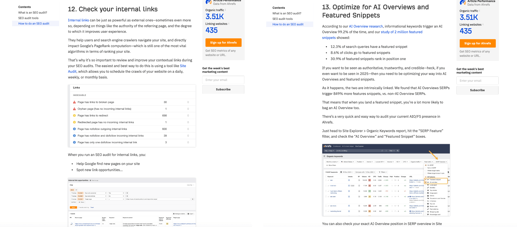 A side-by-side view of the two new sections added in to Ahrefs SEO content audit blog