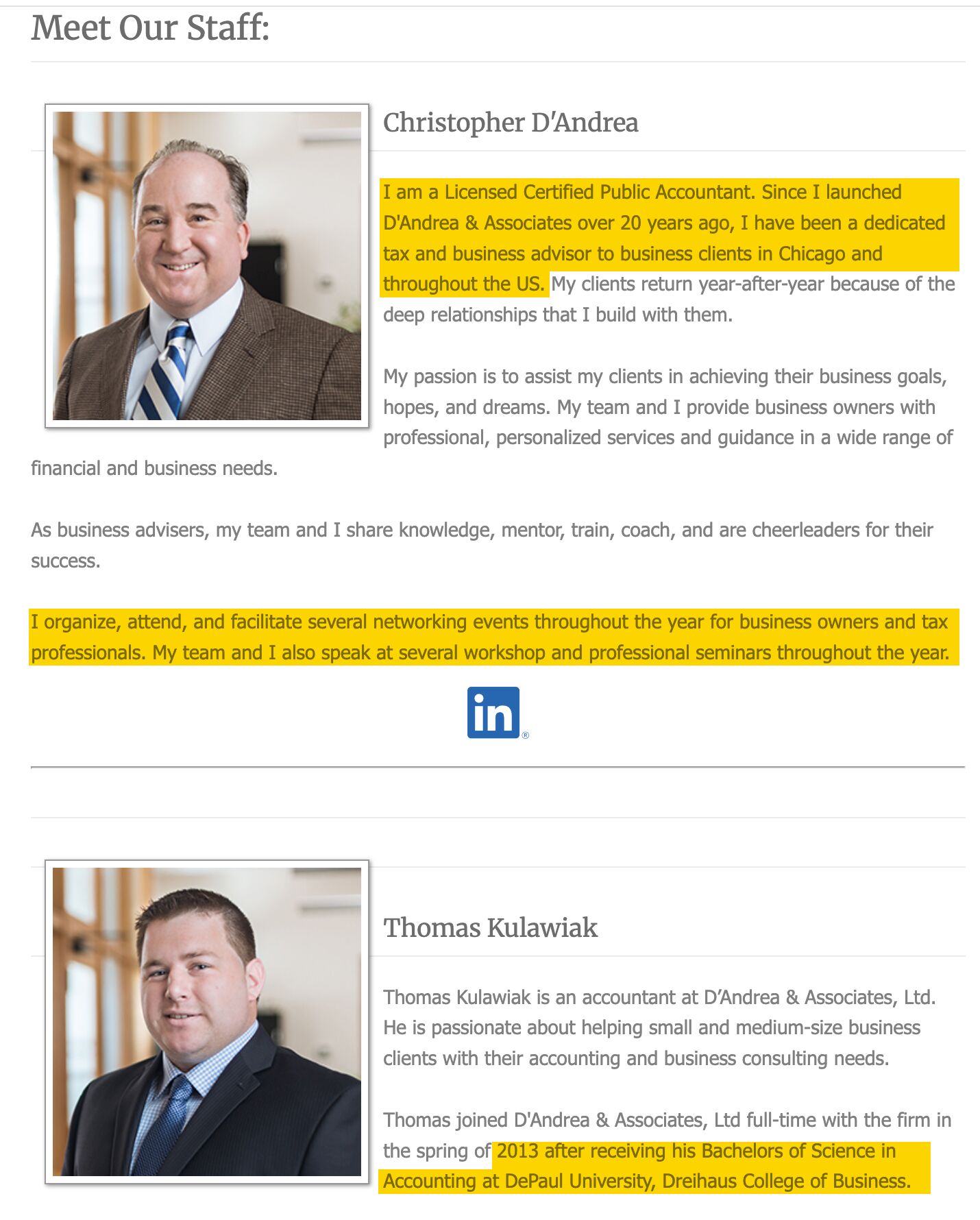 About page with team credentials. 