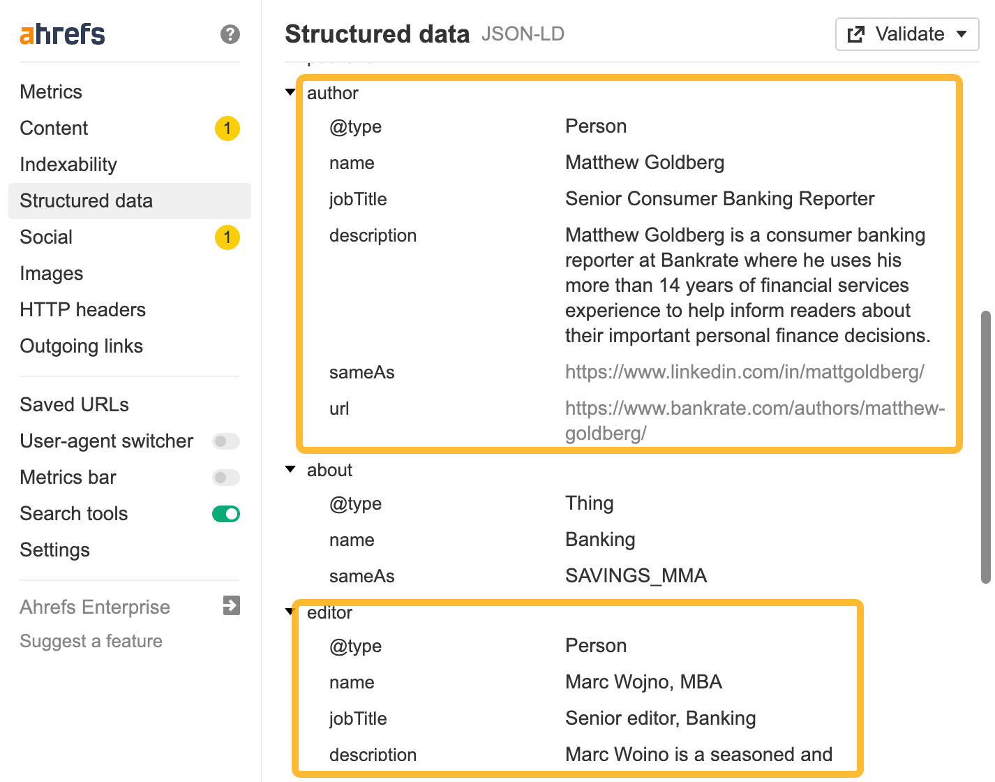 Example of structured data in financial content via Ahrefs SEO Toolbar. 