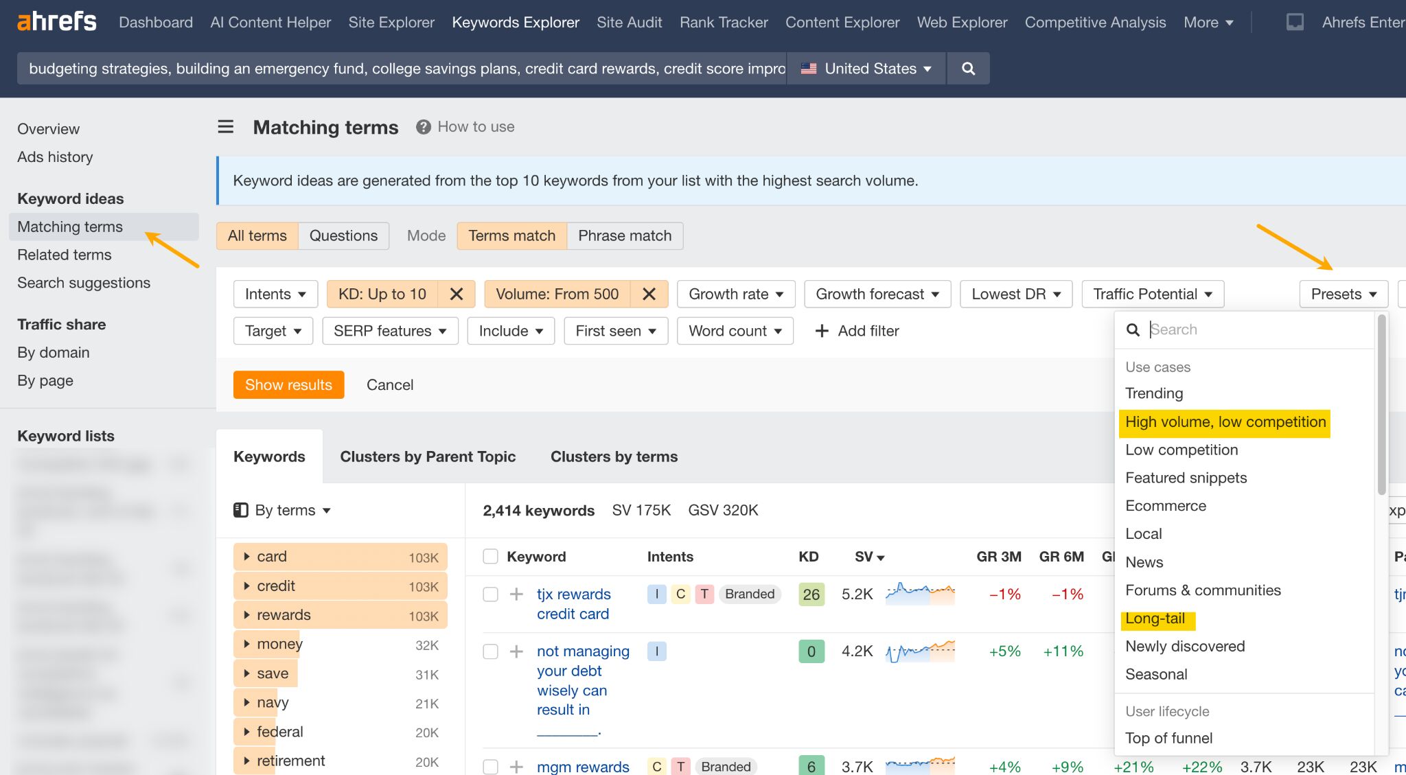 Using built-in presets in keyword research. 