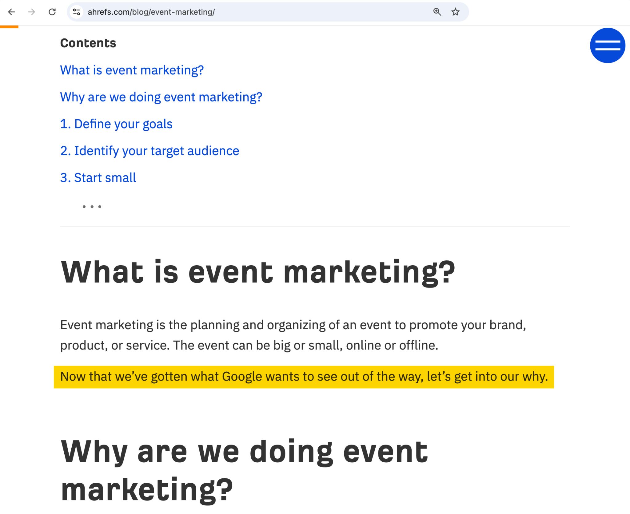 Screenshot of an Ahrefs blog page about event marketing, highlighting the sentence "Now that we've gotten what Google wants to see out of the way, let's get into our why."