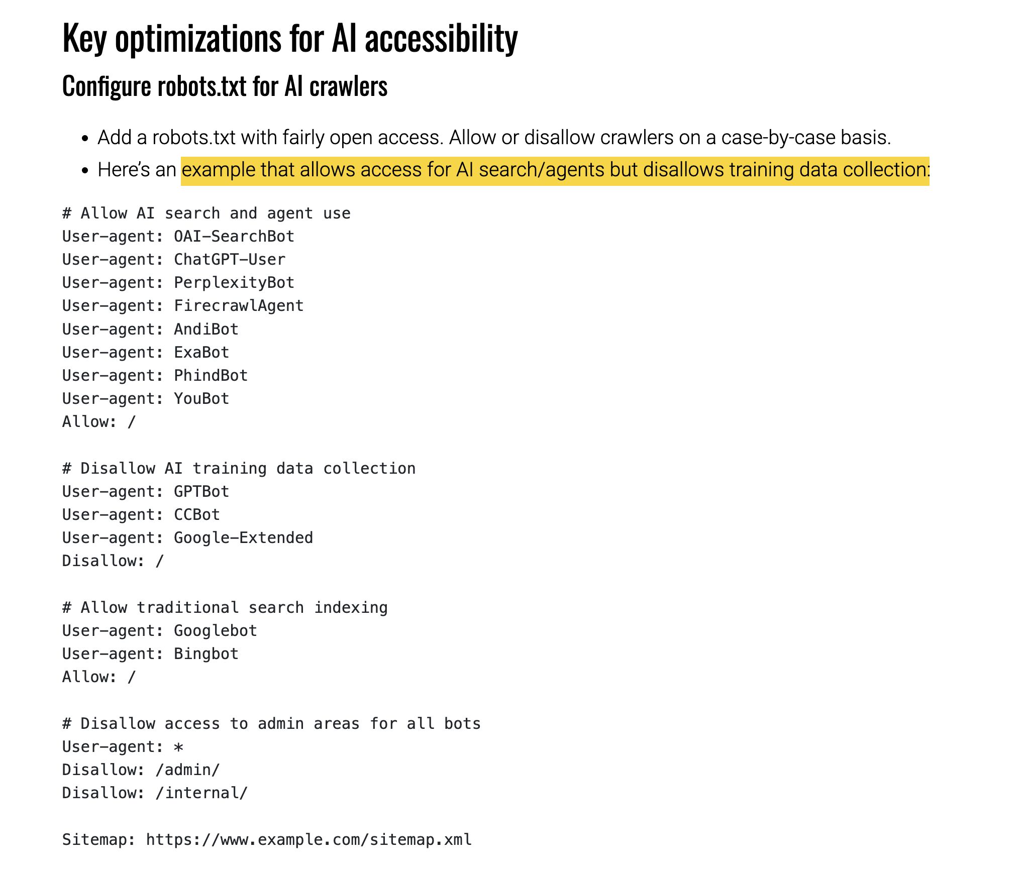 A technical configuration guide for robots.txt file from Jed White, showing example settings for allowing and disallowing different AI search and crawling agents.