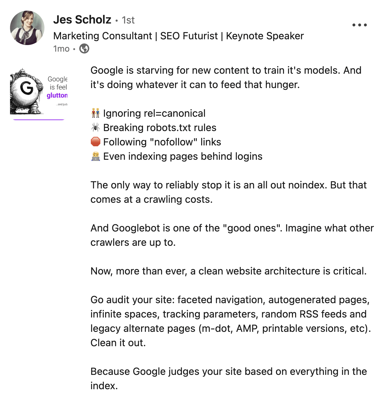 LinkedIn post by Jes Scholz, discussing Google's aggressive content collection for AI training and recommending website auditing.