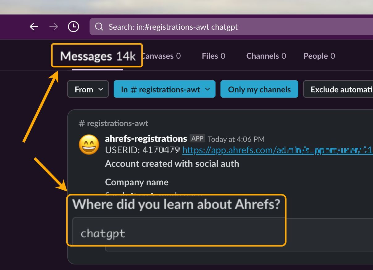 A screenshot of Ahrefs' Slack channel, highlighting 14k "Where did you learn about Ahrefs" messages referencing Chatgpt