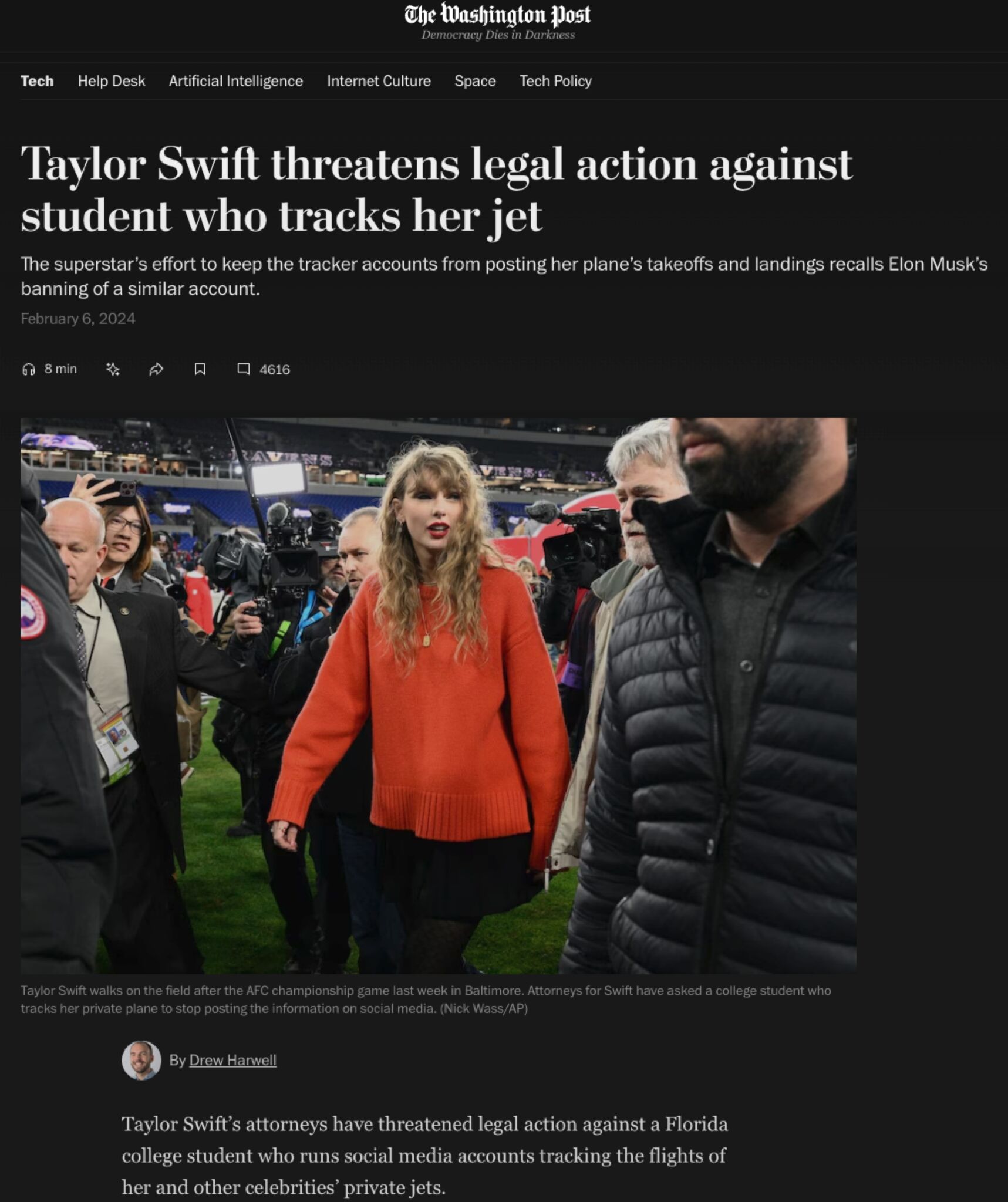 A Washington Post news article in Feb 2024 about Taylor Swift threatening legal action against the student who tracks her jet.