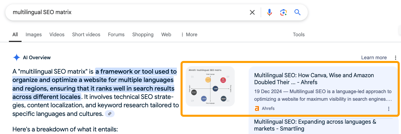 Ahrefs' Multilingual SEO Matrix cited by Google in AI Overviews as a framework used to organize a website for multiple languages and regions.