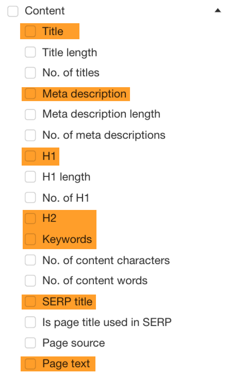 Content fields which can provide semantic data include title, meta description, H1, H2, keywords, SERP title and page text.