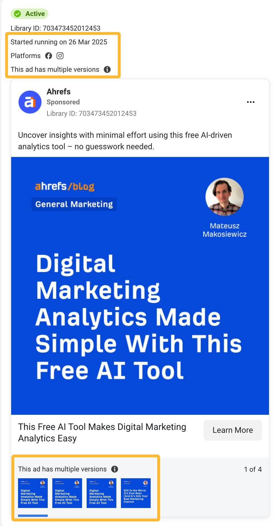 Details about each ad