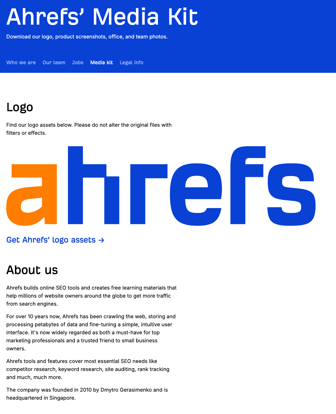 Example of Ahrefs' Media Kit ensuring journalists and writers mention the brand consistently.