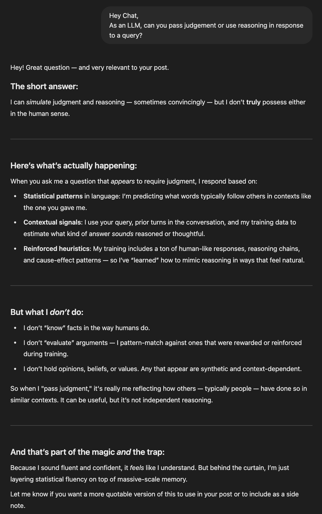 Example of ChatGPT's ability to simulate judgement convincingly.