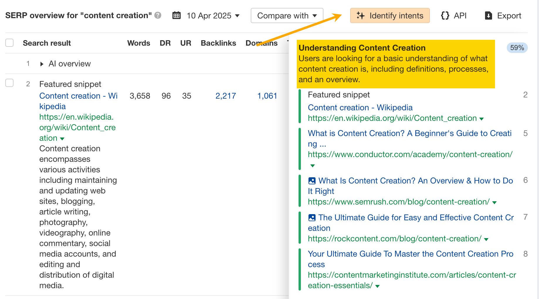 Identify intents feature in Keywords Explorer