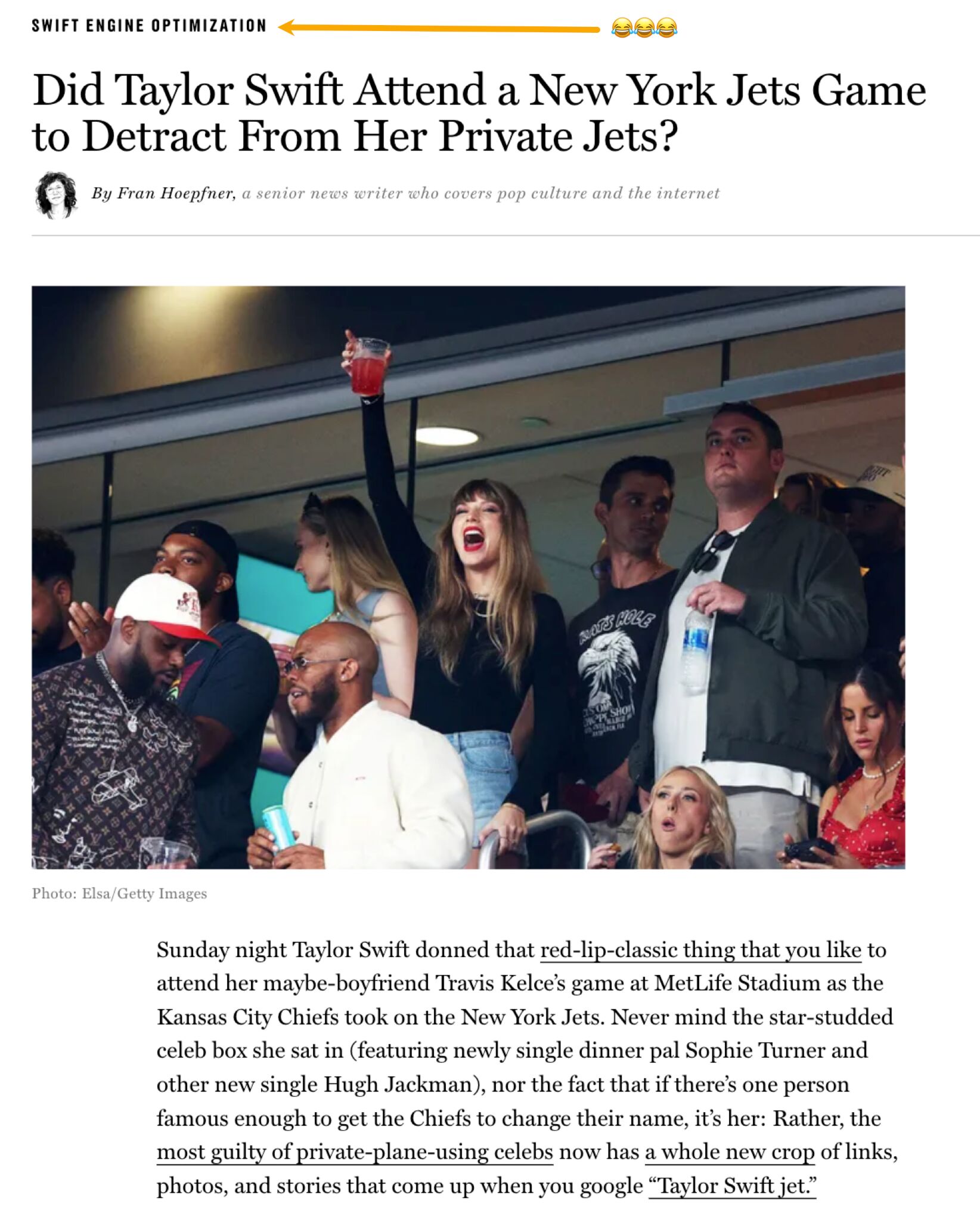 News article about Taylor Swift's attendance at a New York Jets game and considering whether it was an intentional SEO strategy to manage her reputation on search engines.