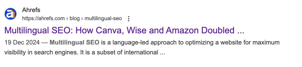 Screenshot of a Google search listing result for Ahrefs' multilingual SEO post.