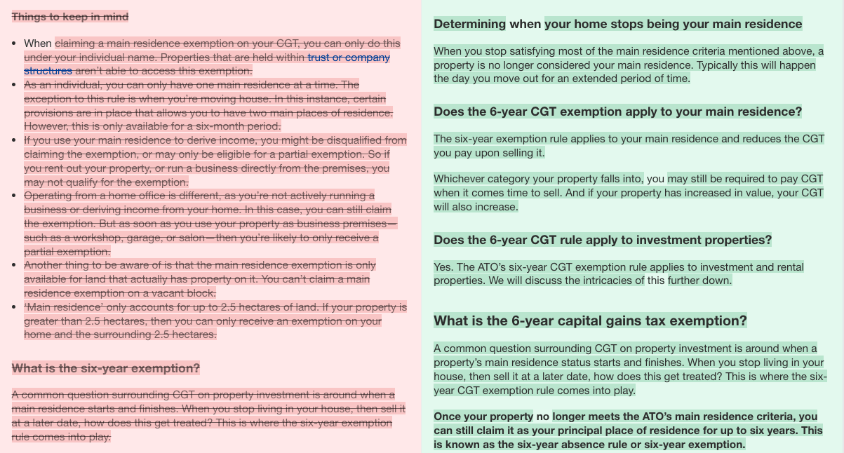 Side by side comparison of changes made in a content update that targeted content depth using Ahrefs' Page Inspect tool.