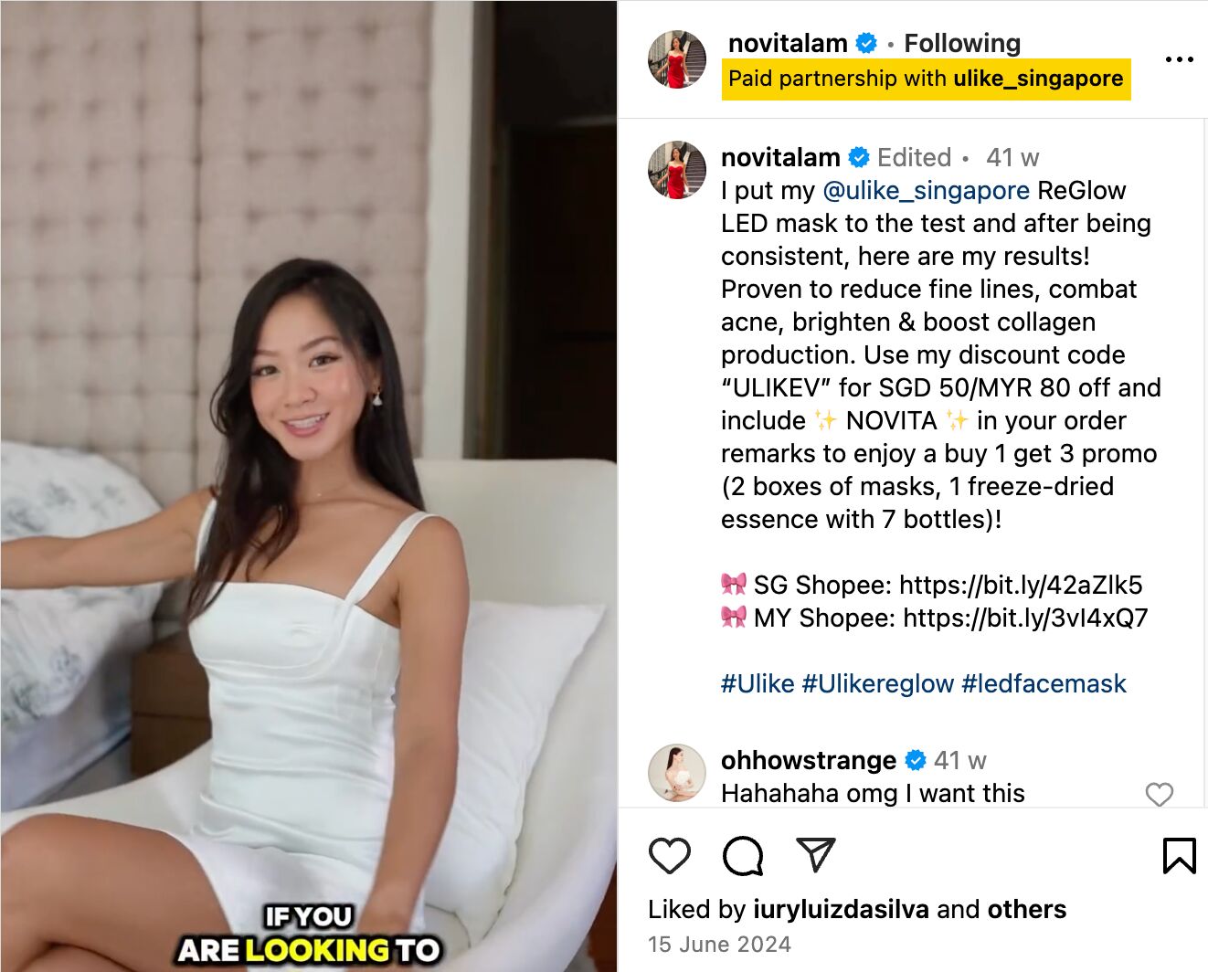 This influencer declared a partnership with a brand