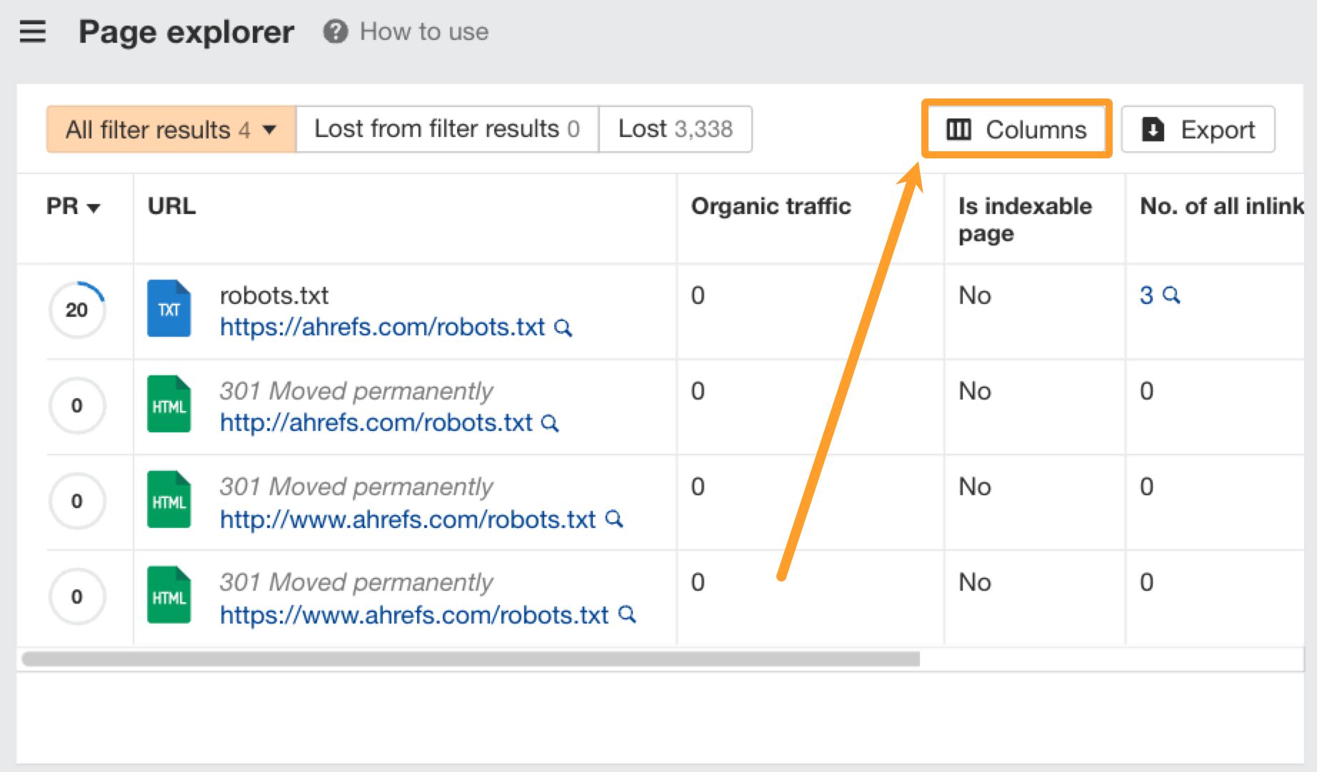 Where to locate the columns customization feature in Ahrefs' Site Audit.