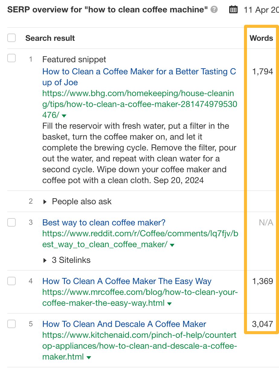 Word count for the top-ranking pages for "how to clean coffee machine"