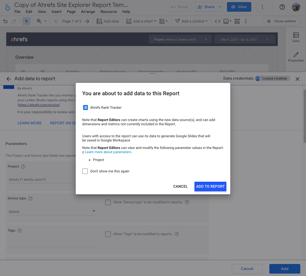 A pop-up institial over Ahrefs' Looker Studio report, saying "You are able to add data to this report", with a button saying "Add to report"