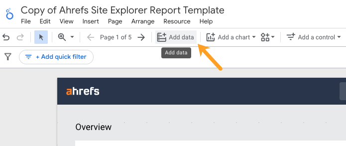 A closeup of Ahrefs Looker Studio Site Explorer report, with arrow pointing to the button "Add data"