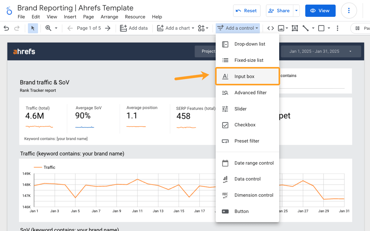 A closeup of Ahrefs Looker Studio brand awareness report, with arrow pointing to the button "Input inbox"